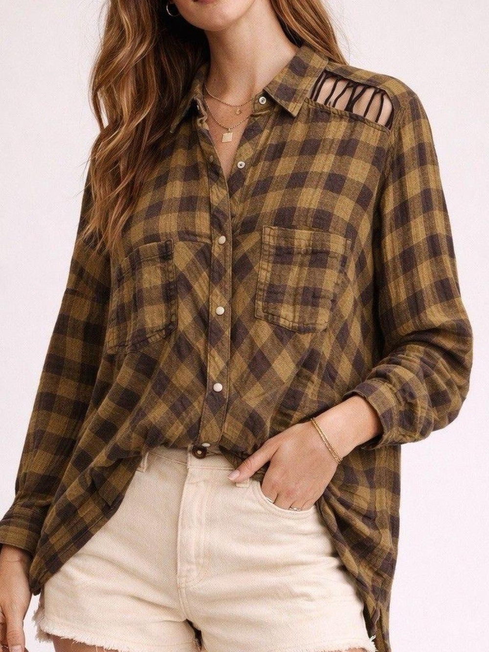 Free People Olive and Black Plaid Cutout-Shoulder Button-Down Shirt